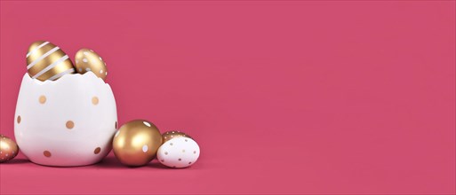 Banner with golden and white easter eggs on pink background with copy space