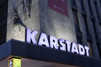 Illuminated Karstadt logo on Galeria Kaufhof department stores Duesseldorf