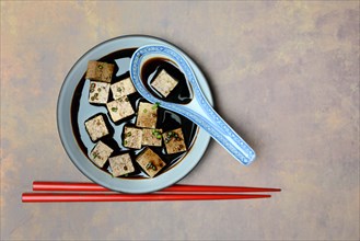 Soy sauce marinated tofu cubes in bowl with Asian ceramic spoon and chopsticks