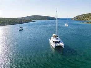 Sailing catamaran in a bay