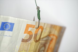 Close-up of a fifty-euro bill hooked to a fishing hook isolated on a white background