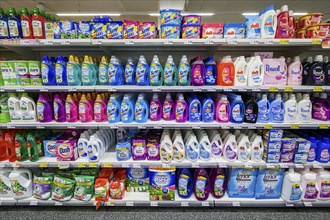 Shelves with detergents in the wholesale market