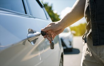Vehicle owner opening the door with the keys