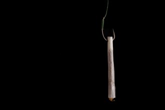 Marijuana cigarette hanging from a hook drug addiction concept close-up isolated on black background