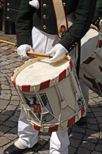 Drum of a drummer from the Buergergarde association at a festival in Gengenbach