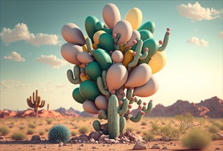 Three dimensional render of bunch of balloons tied to desert cactus