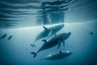 Photography group of whales swimming in the ocean