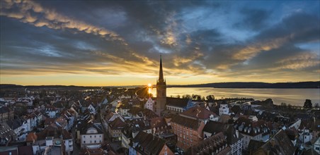 Aerial view of the town of Radolfzell on Lake Constance with the Radolfzell Minster at sunrise