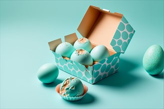 Studio shot of chicken eggs in turquoise colored carton