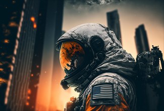 Photography astronaut in apocalyptic city of skyscrapers