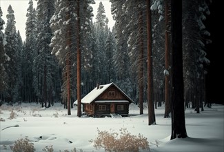 Photograph of a snowy pine forest with a wooden cabin