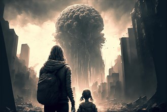 Skyscraper city in the apocalypse with a mother with daughter