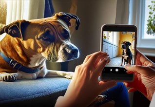 Woman photographing pet dog through smart phone at home
