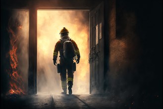 Firefighter entering a building with fire