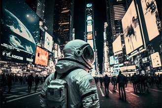 Photography astronaut in skyscraper city