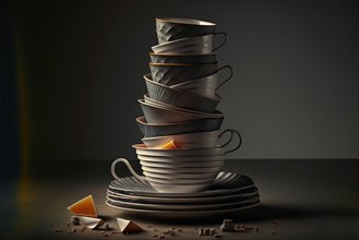 Studio shot of stack of plates and coffee cups