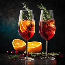 Fresh cranberry champagne cocktails garnished with orange and rosemary