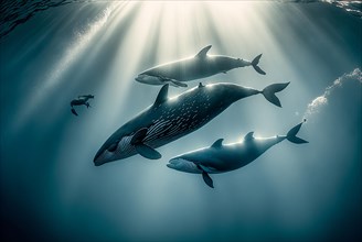 Photography group of whales swimming in the ocean with rays of light