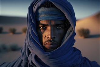 Photography portrait of berber person dressed in blue in the desert at dawn
