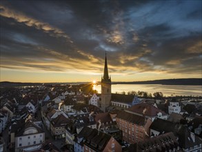 Aerial view of the town of Radolfzell on Lake Constance with the Radolfzell Minster at sunrise