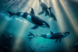 Photography group of orcas swimming in the ocean with rays of light