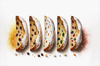Slices of Christmas stollen cakes arranged in row against white background
