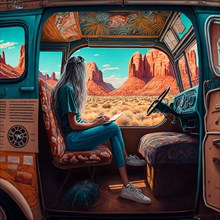Woman relaxing in van on vacation