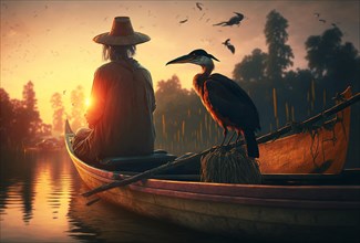 Asian fisherman with hat in the canoe fish in the sunset