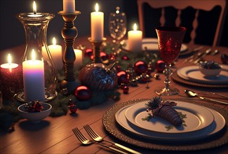 Table with plates and candles Christmas decoration