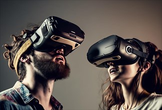 Couple exploring virtual reality in studio