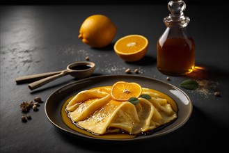 Homemade crepes suzette with orange liqueur and orange slice