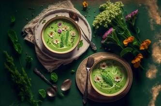 Delicious pea cream soup in bowls served on table with napkin and vase with flowers
