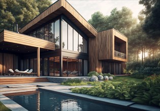 Modern wooden house with pool
