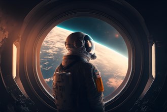Astronaut looking at the earth from the window of the ship
