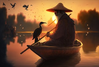 Asian fisherman with hat in the canoe fish in the sunset