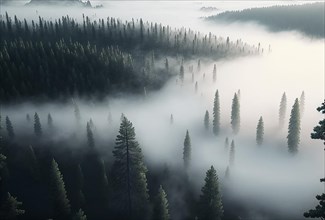 Pine forest with fog seen from drone