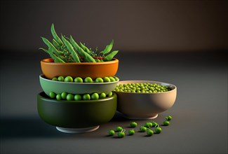 Composition of soup bowls and pea pods