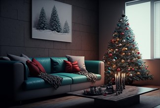 Interior with a Christmas tree next to some gifts and a sofa