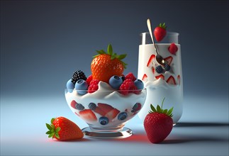 Strawberries and berries served with fresh yogur