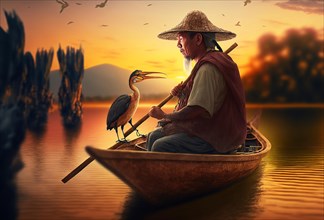 Asian fisherman with hat in the canoe fish in the sunset