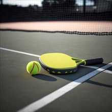A pickleball racket and ball on the ground at the court