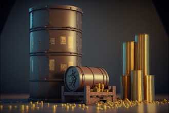 Oil barrel and coin towers simulating a graph