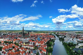 Aerial view of Ulm on the Danube with a view of Ulm Cathedral