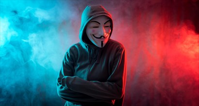 Hacker with anonymous mask with arms crossed with a menacing look