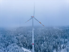 Windmill in the forest in fog and snow