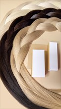 A strand of natural light hair for extensions with a box of care product