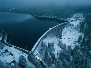 Schwarzenbach dam in the dark in winter