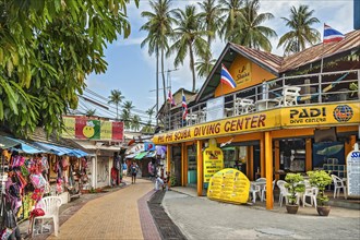 Main street with scuba diving centre on Ko Phi Phi island