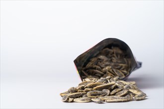 Roasted sunflower seeds with salt coming out of their bag on white background and copy space