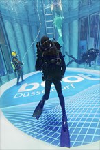 Divers swim in glass diving tower with logo